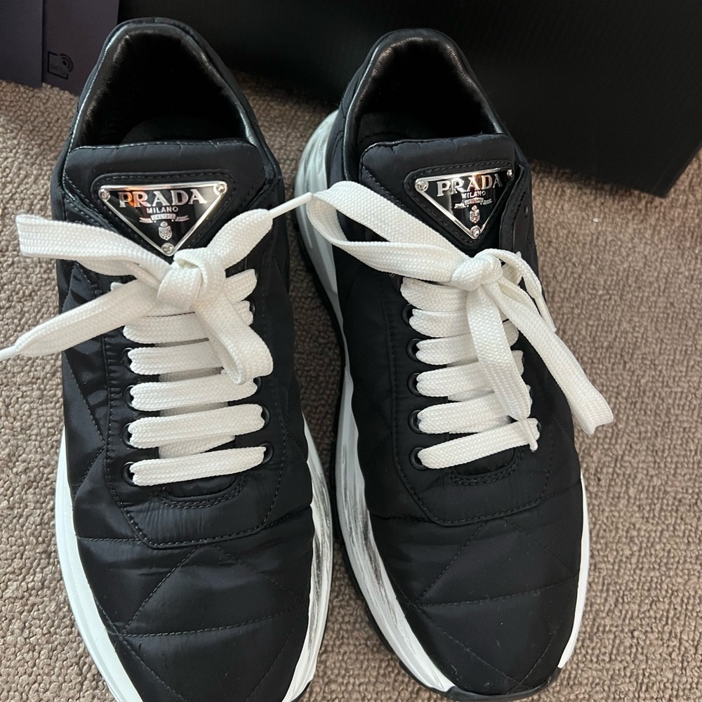 Prada Black Nylon Sneakers with White Laces and Chunky Soles